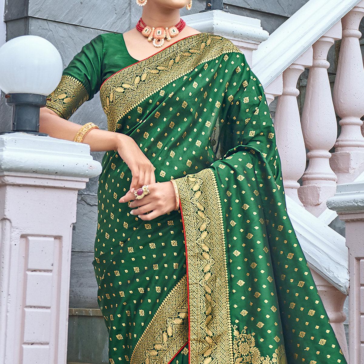 Green Woven Banarasi Silk Saree - Peachmode