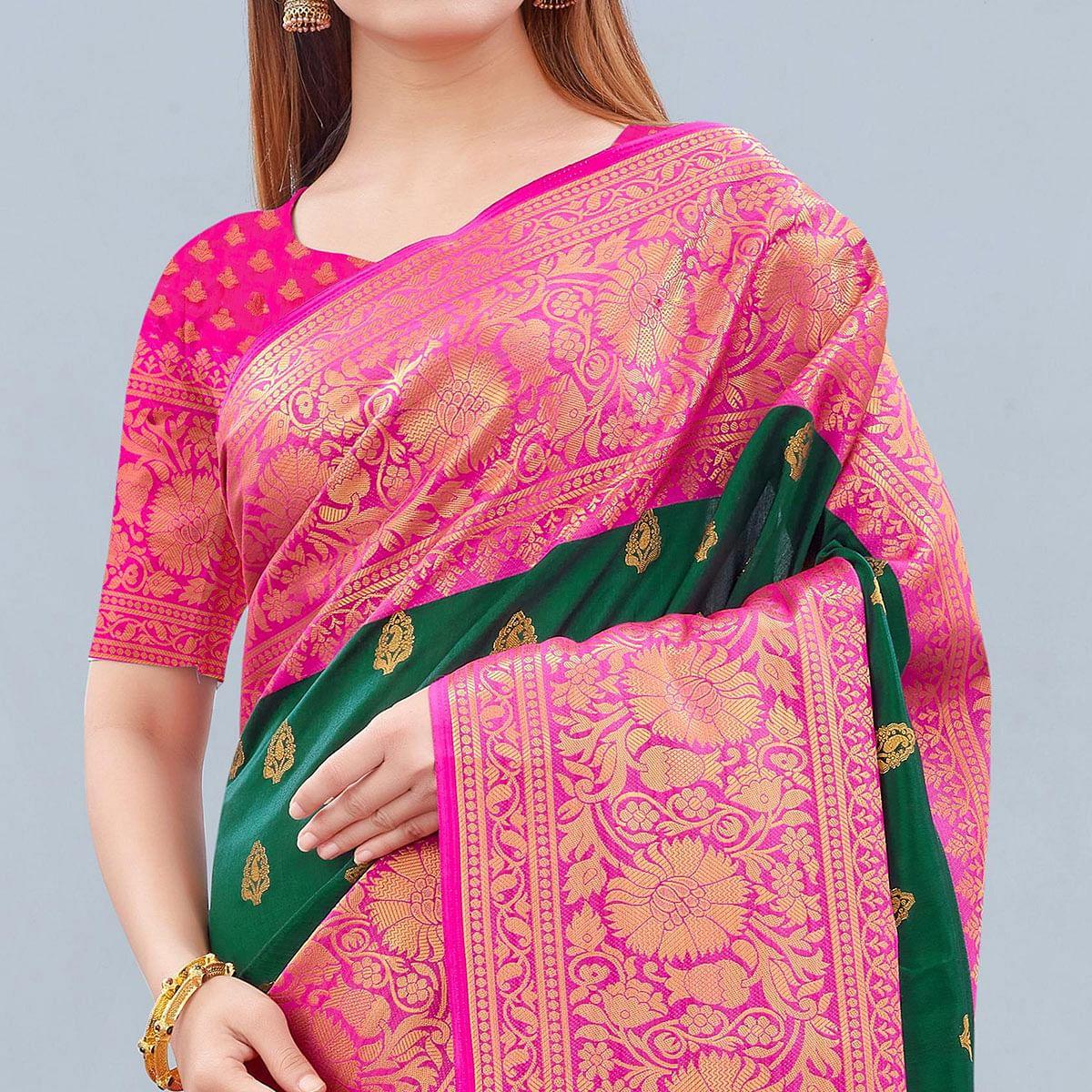 Green Woven Banarasi Silk Saree - Peachmode