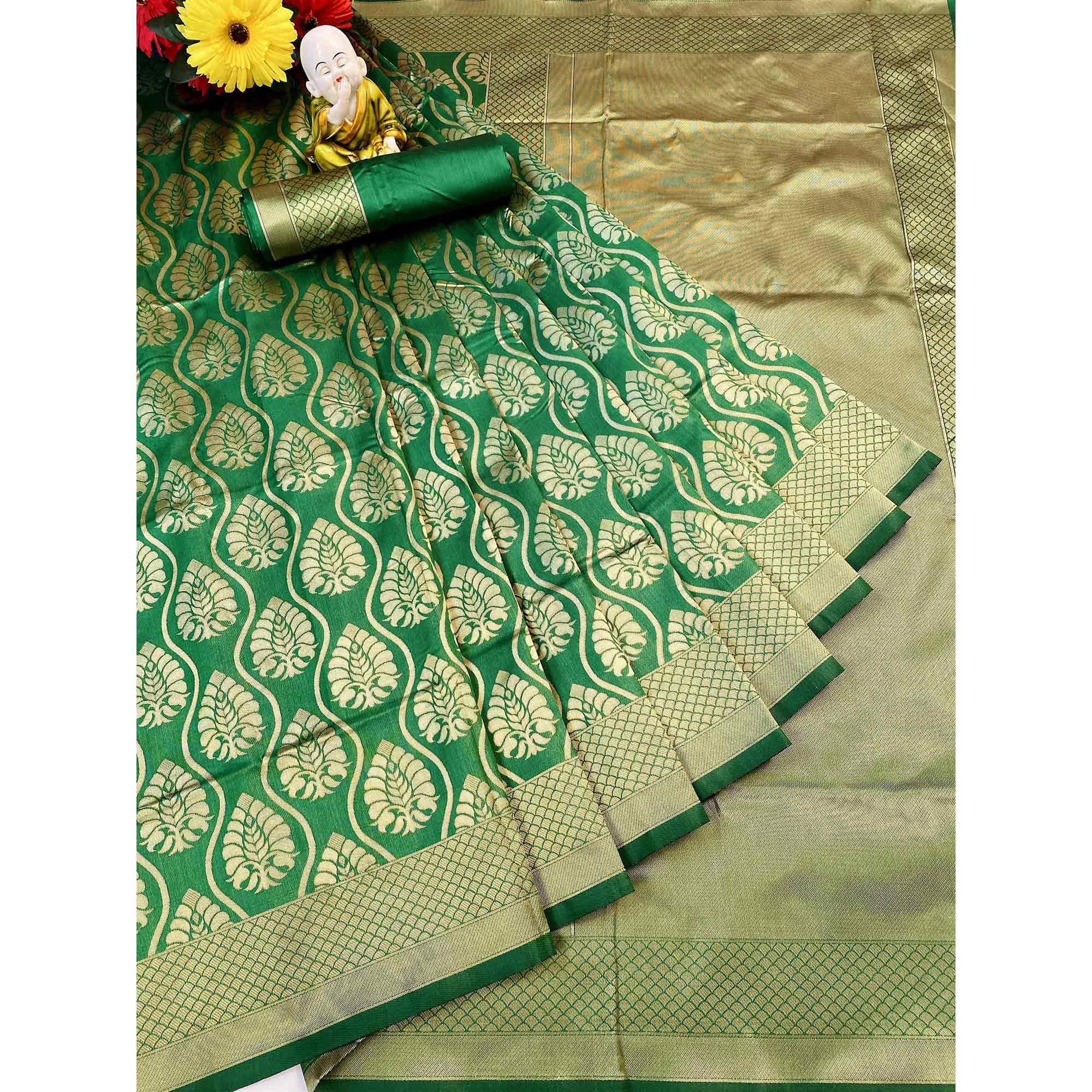 Green Woven Banarasi Silk Saree - Peachmode