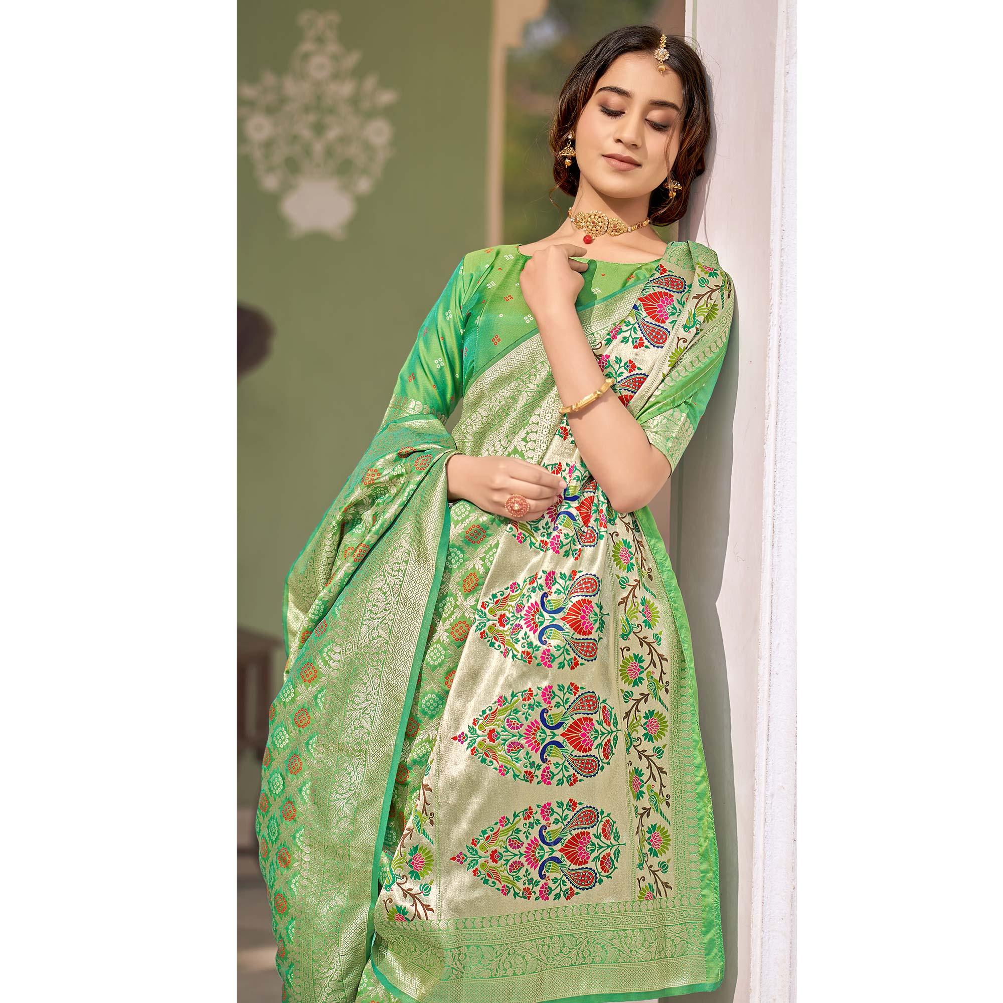 Green Woven Banarasi Silk Saree - Peachmode