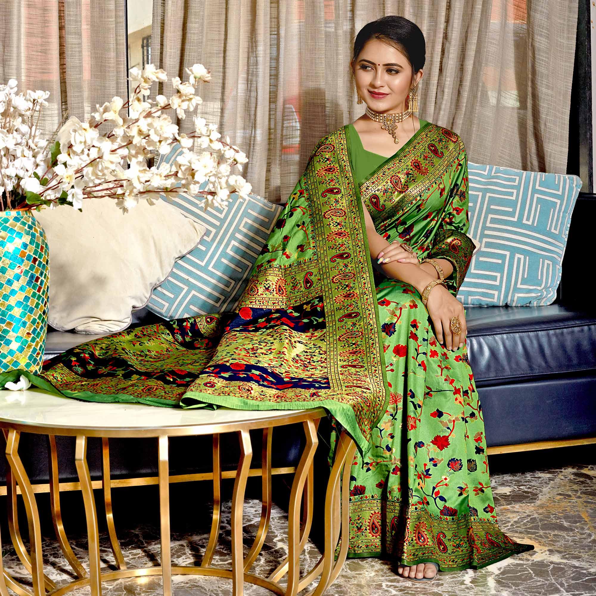 Green Woven Banarasi Silk Saree - Peachmode