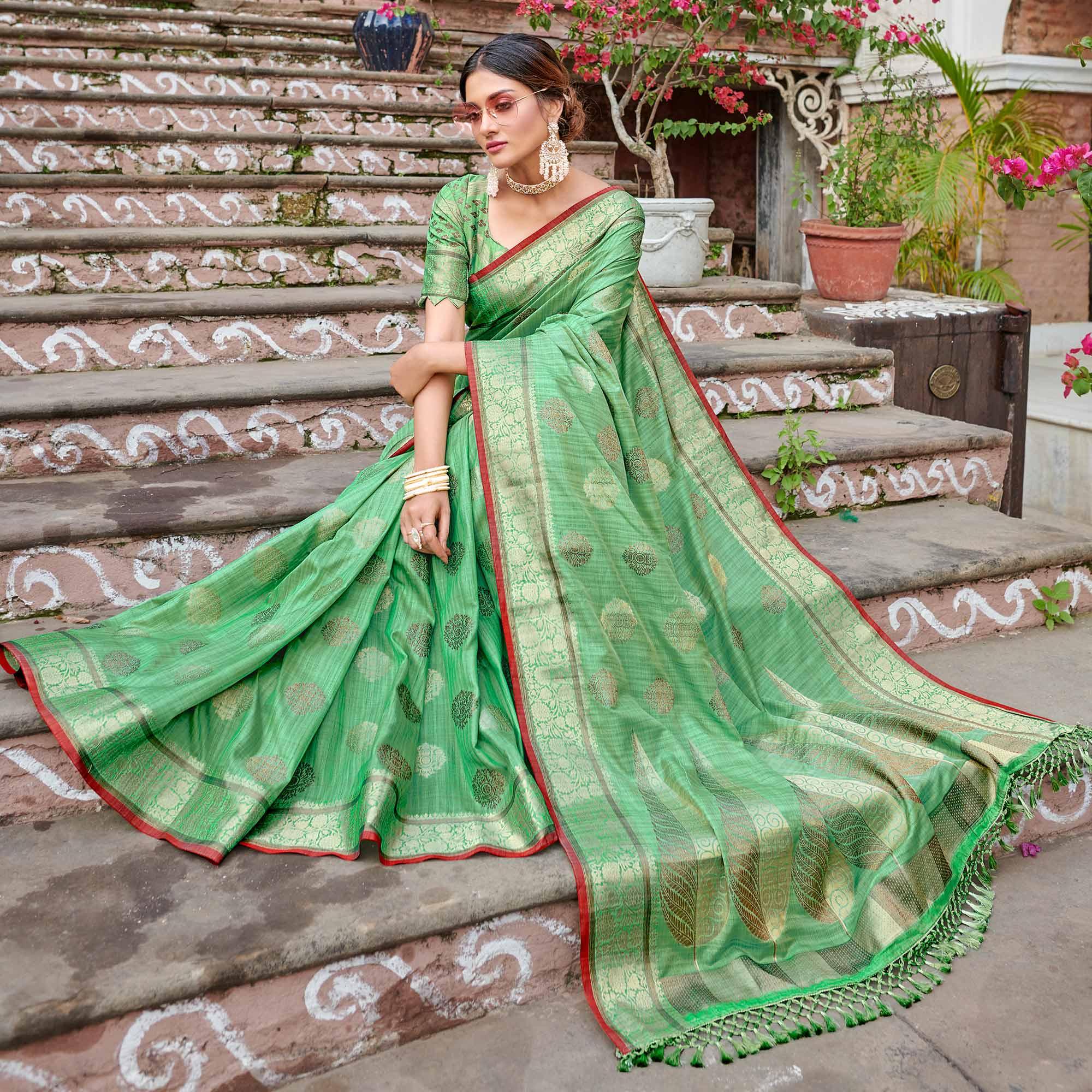 Green Woven Banarasi Silk Saree - Peachmode