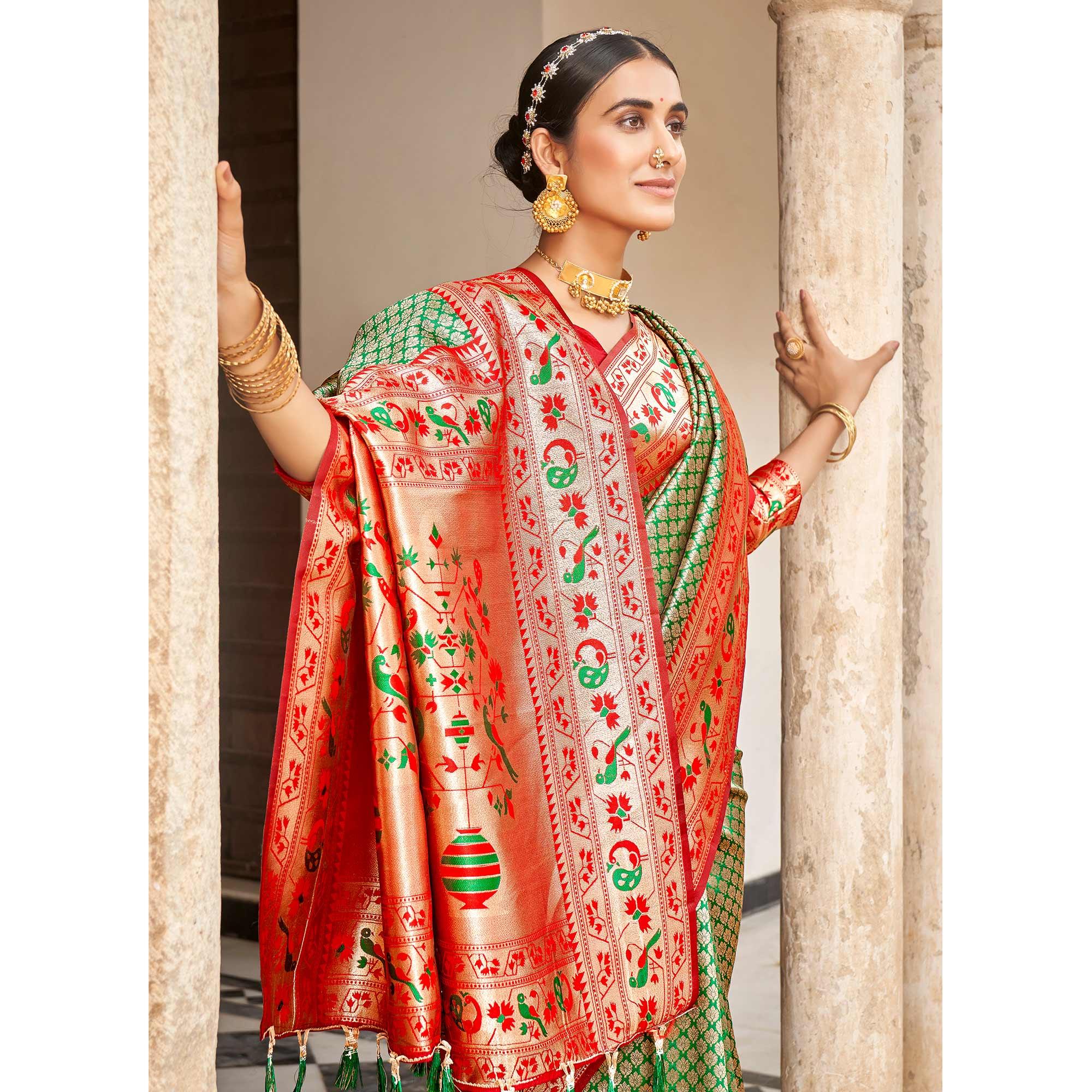 Green Woven Banarasi Silk Saree - Peachmode