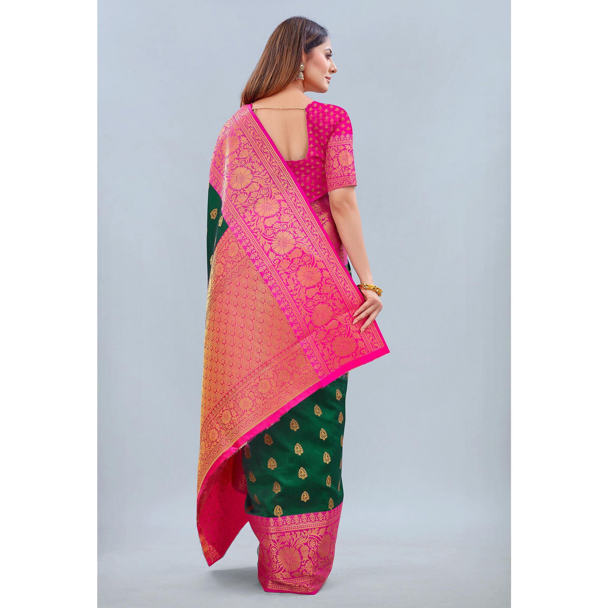 Green Woven Banarasi Silk Saree - Peachmode