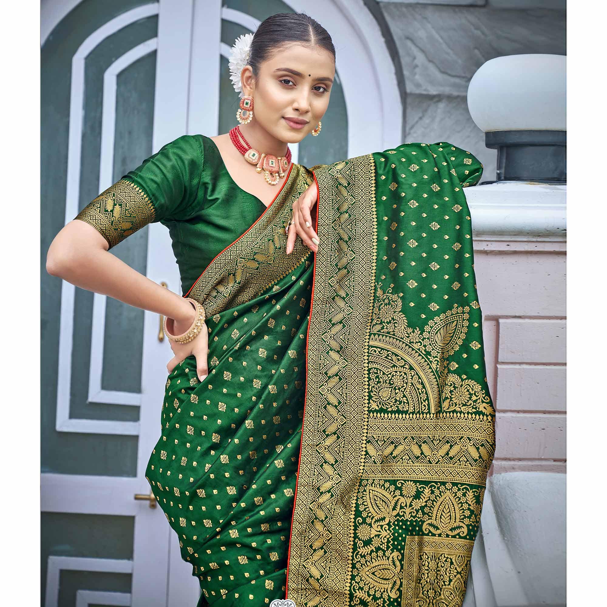 Green Woven Banarasi Silk Saree - Peachmode