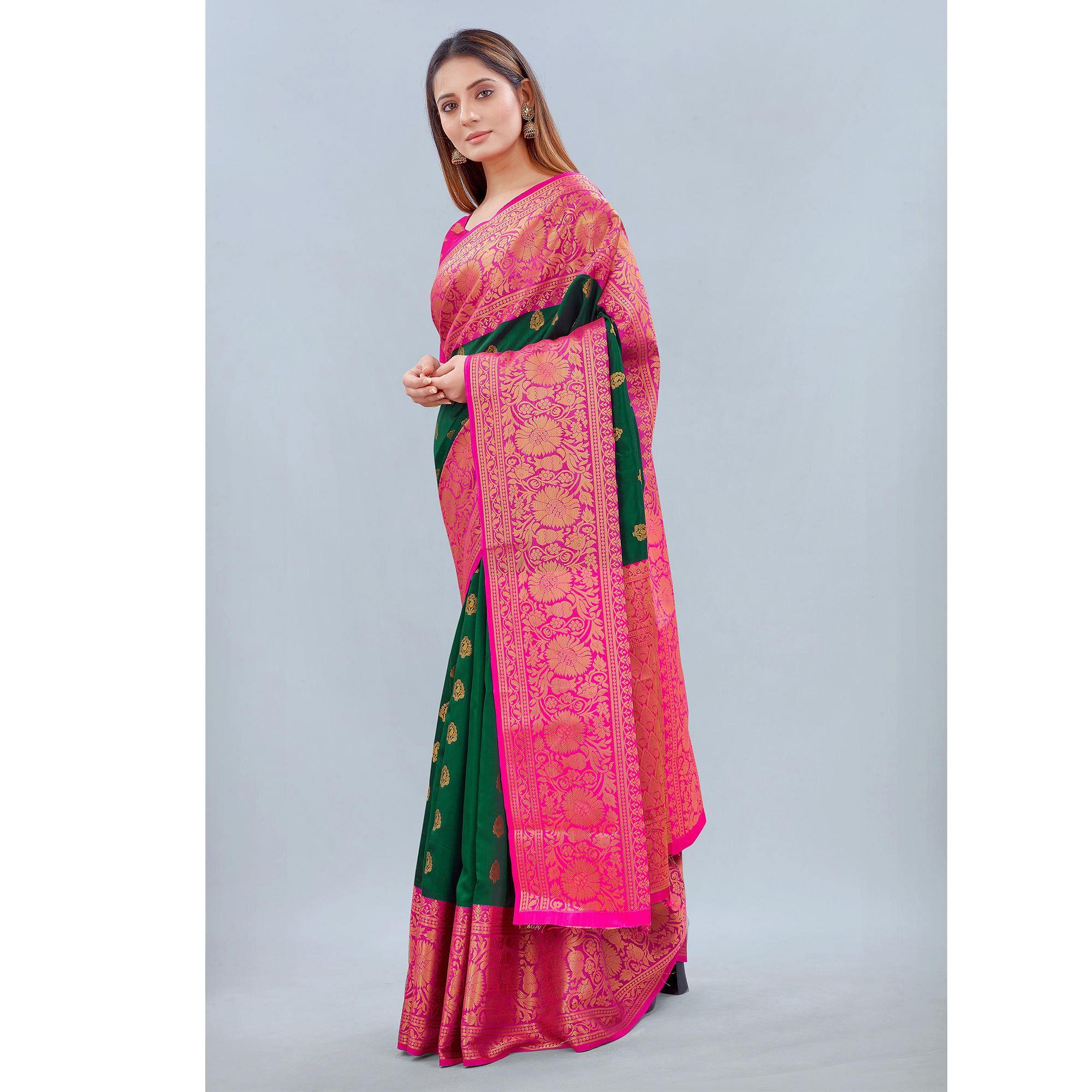 Green Woven Banarasi Silk Saree - Peachmode