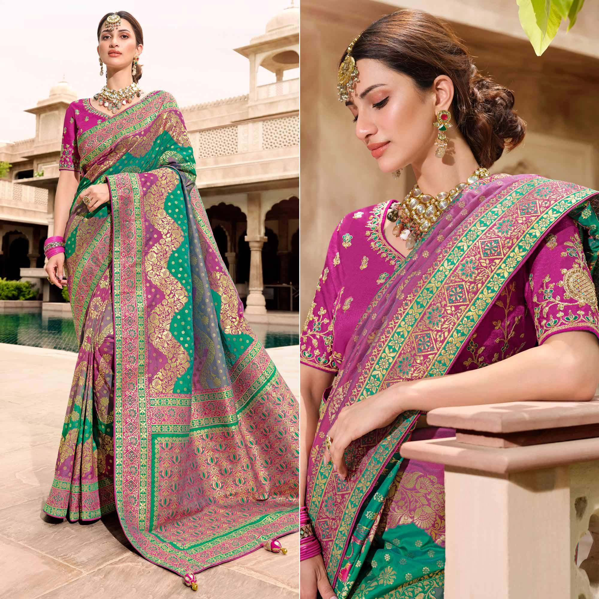 Green Woven Banarasi Silk Saree With Tassels - Peachmode