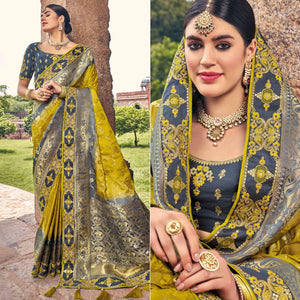 Green Woven Banarasi Silk Saree With Tassels - Peachmode