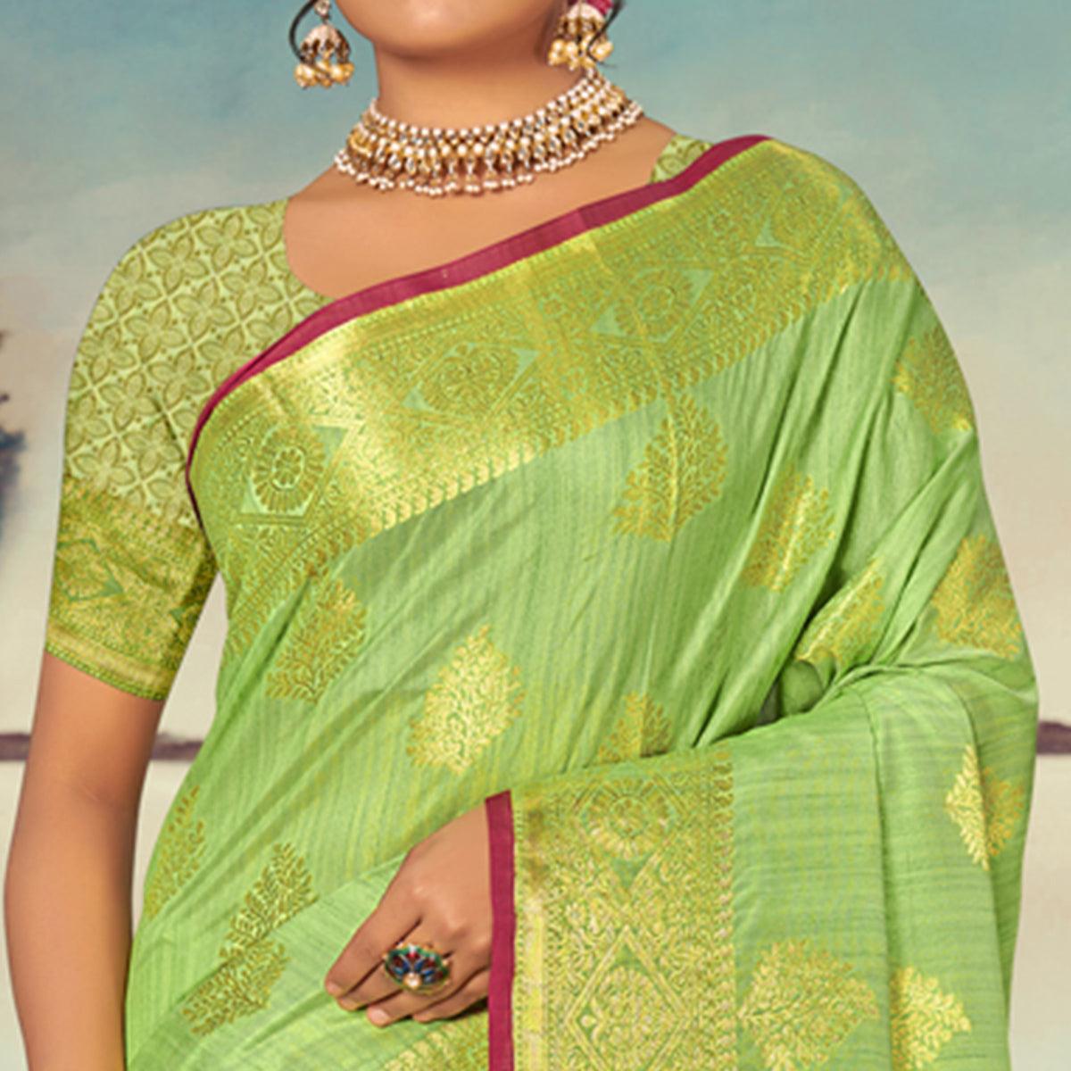 Green Woven Banarasi Silk Saree With Tassels - Peachmode