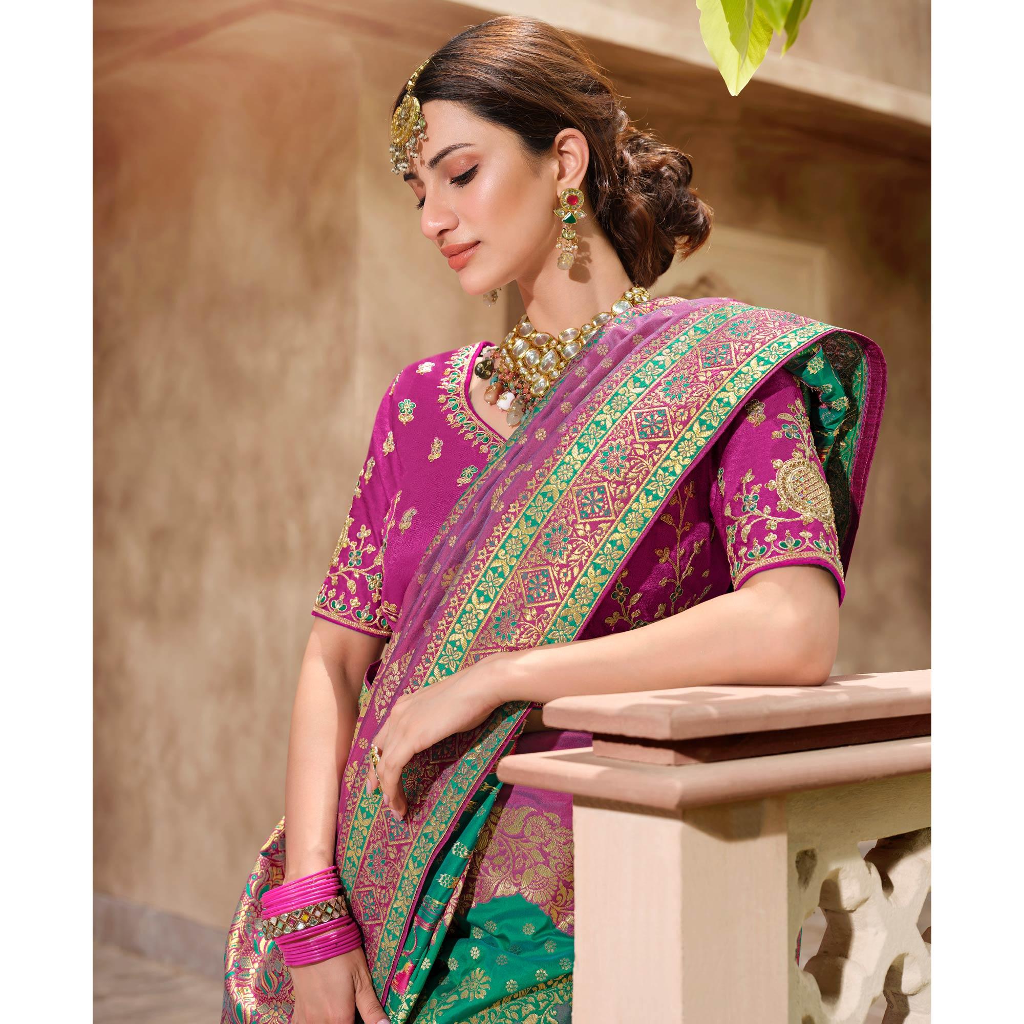 Green Woven Banarasi Silk Saree With Tassels - Peachmode