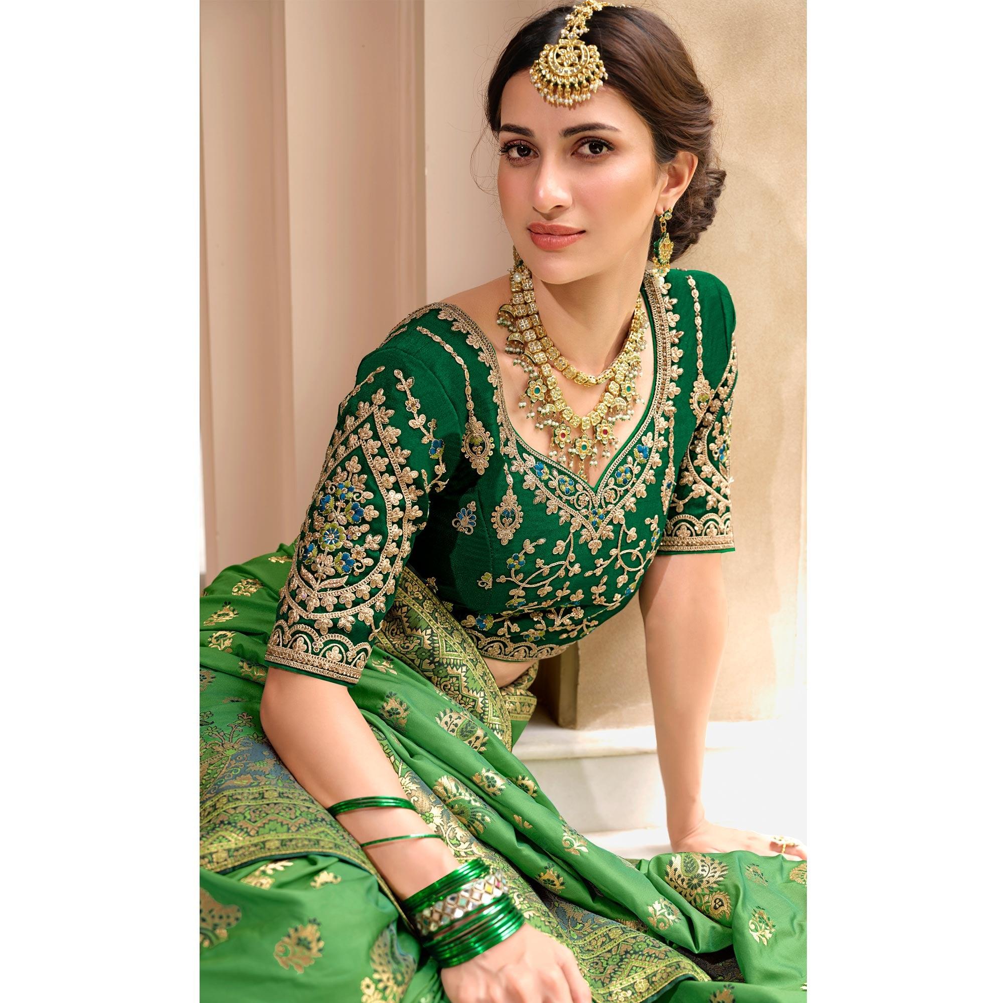 Green Woven Banarasi Silk Saree With Tassels - Peachmode