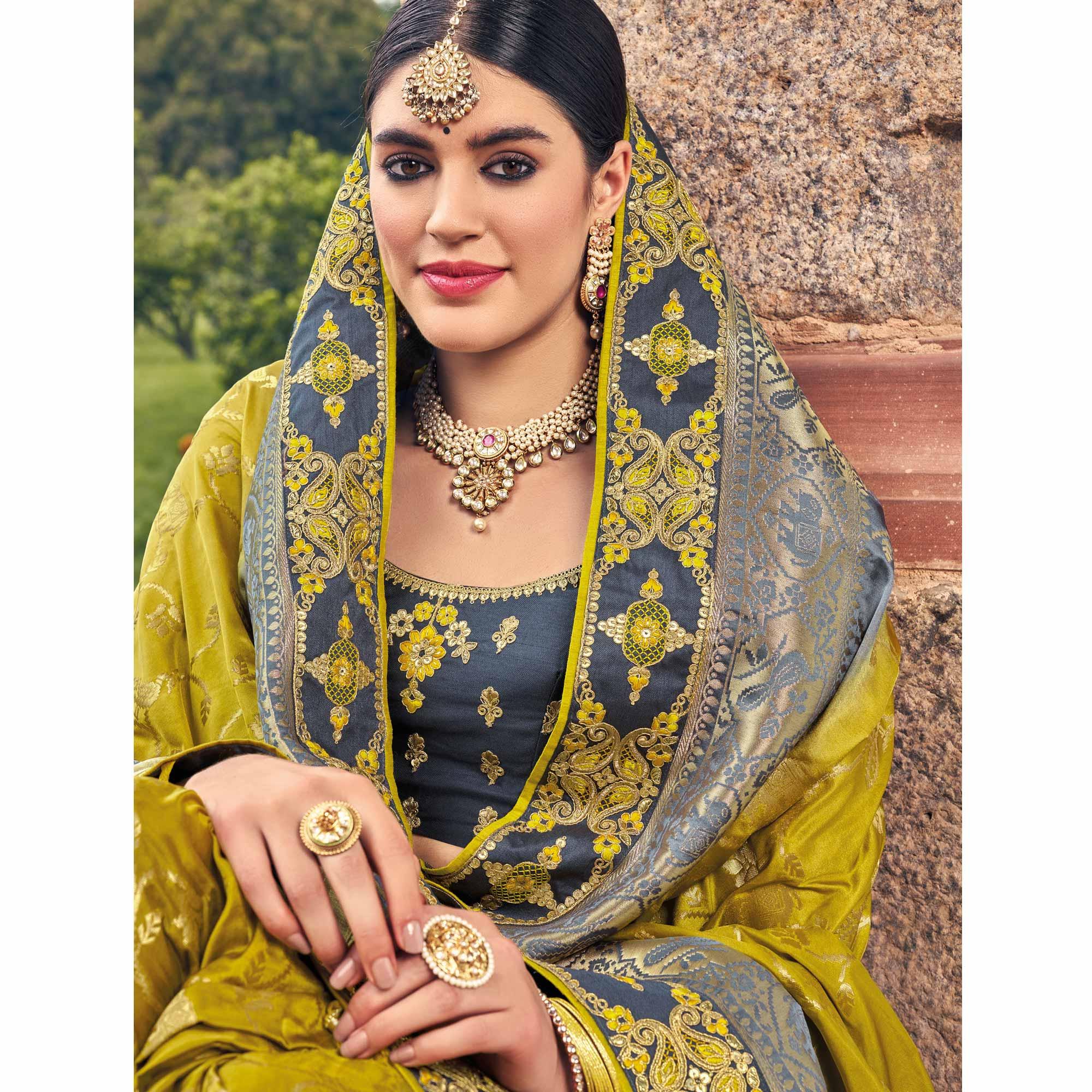 Green Woven Banarasi Silk Saree With Tassels - Peachmode
