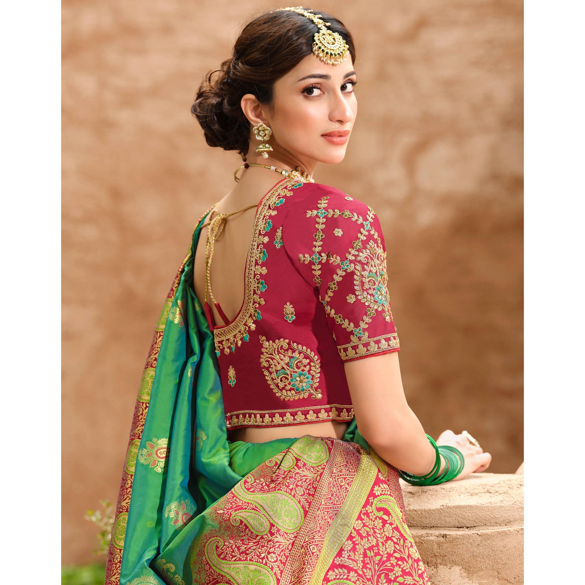 Green Woven Banarasi Silk Saree With Tassels - Peachmode