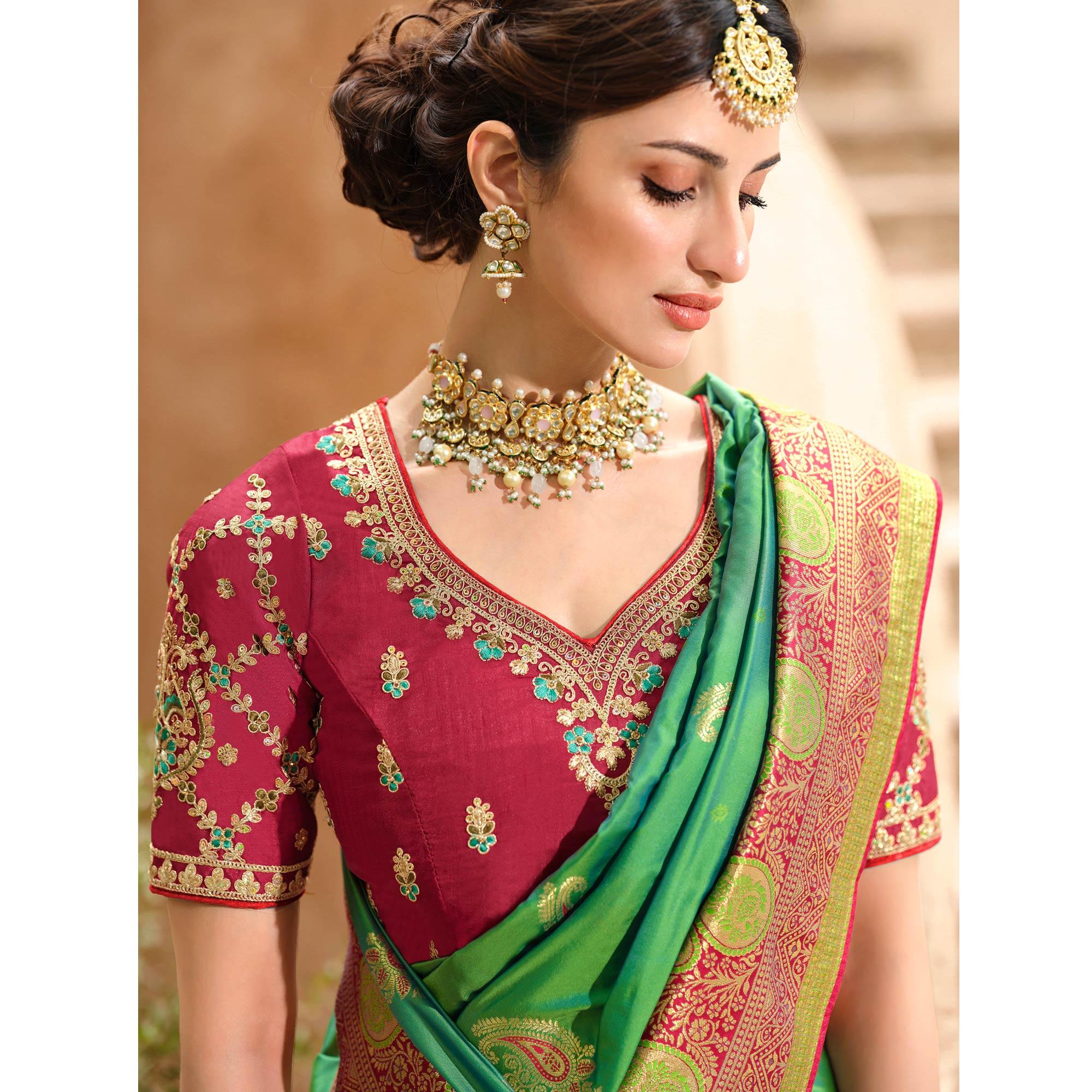 Green Woven Banarasi Silk Saree With Tassels - Peachmode