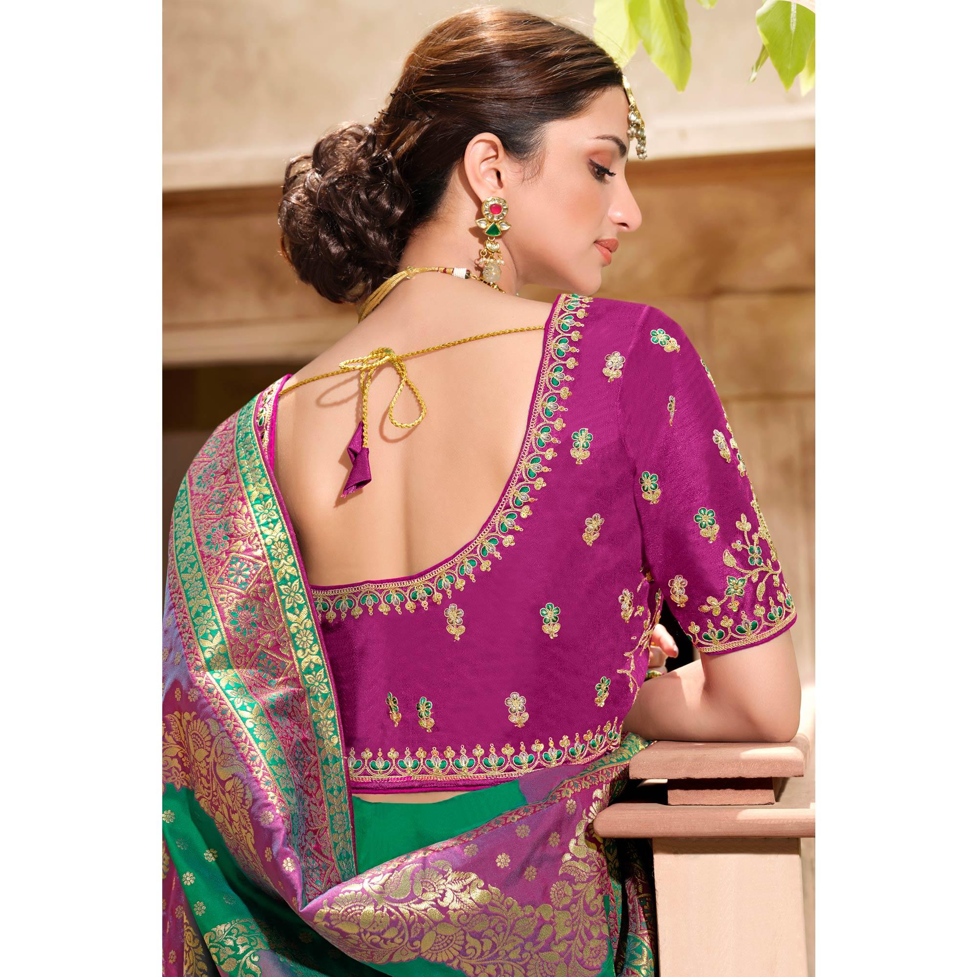 Green Woven Banarasi Silk Saree With Tassels - Peachmode