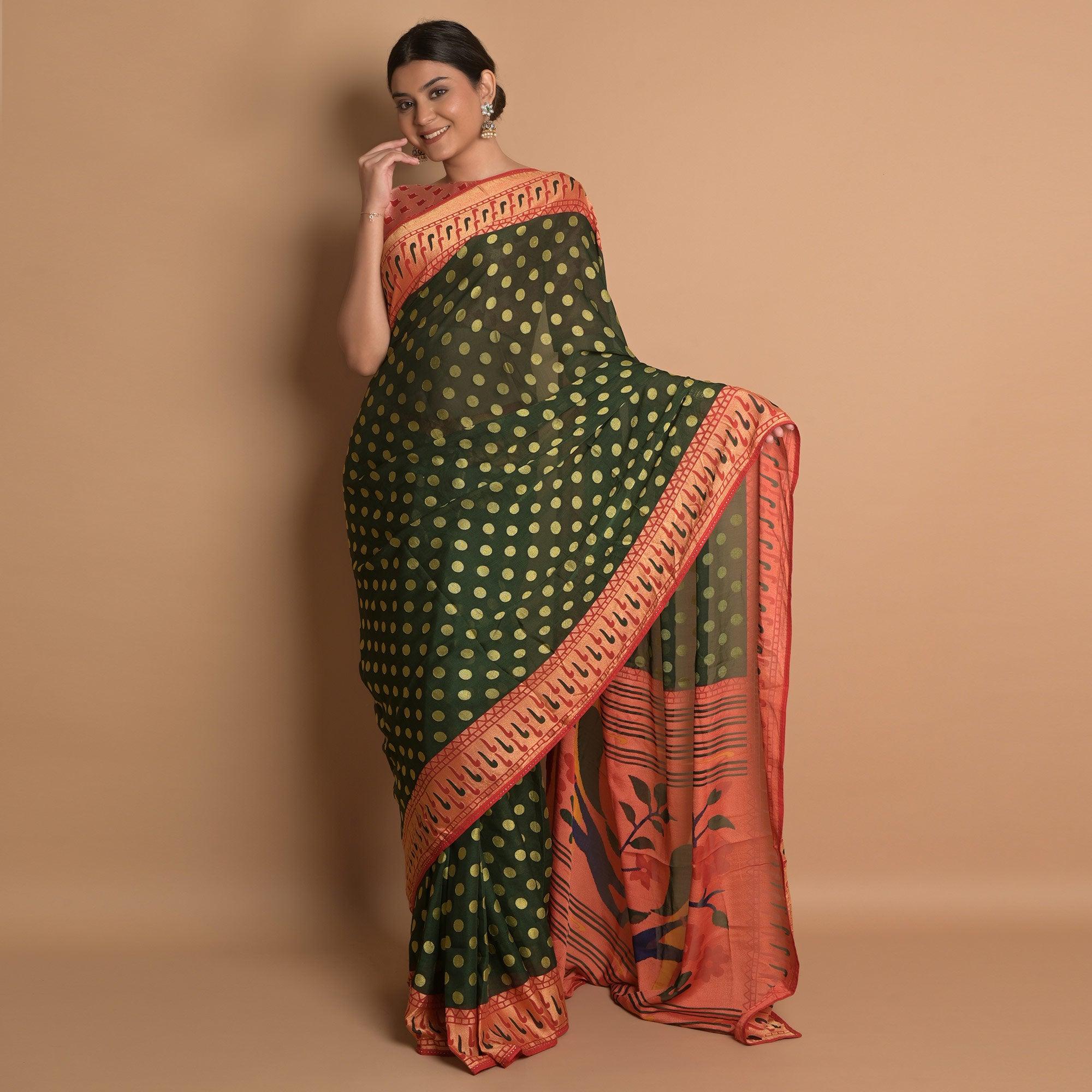 Green Woven Brasso Saree - Peachmode