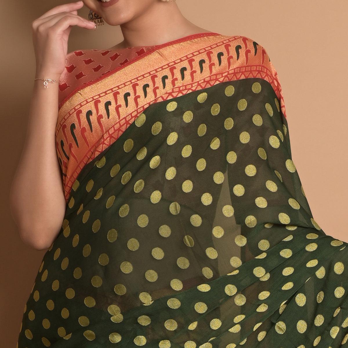 Green Woven Brasso Saree - Peachmode