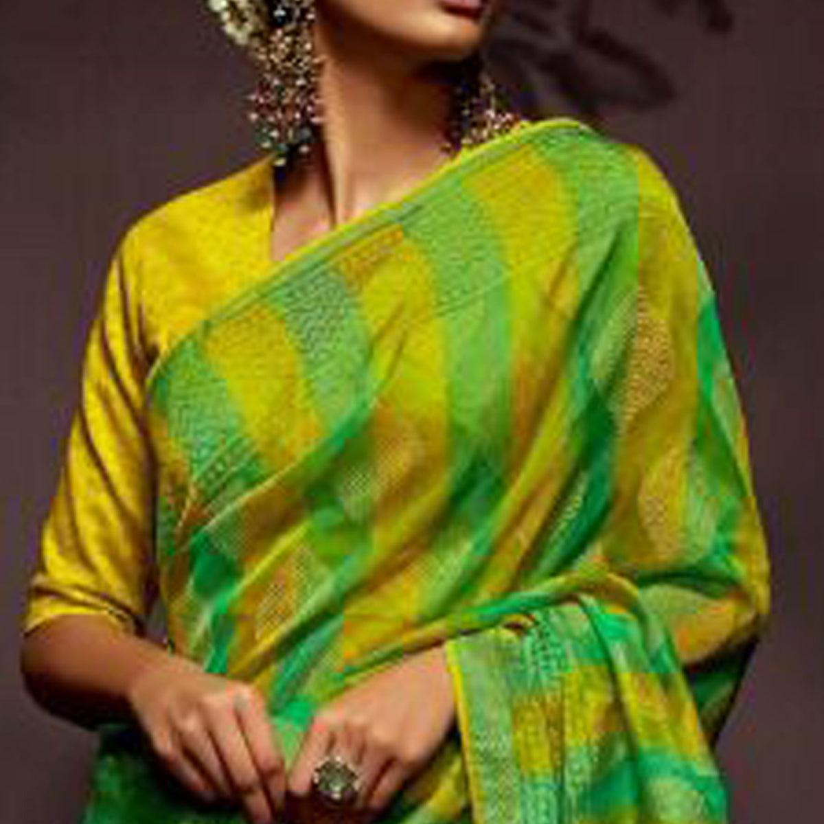 Green Woven Brasso Saree With Tassels - Peachmode