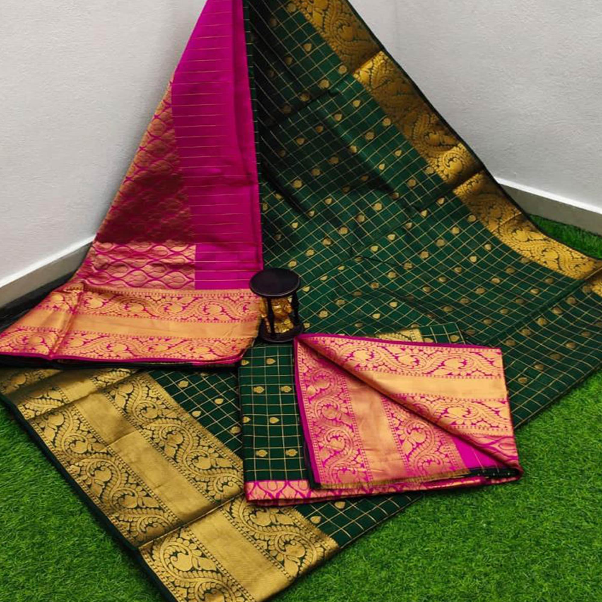 Green Woven Chanderi Saree - Peachmode