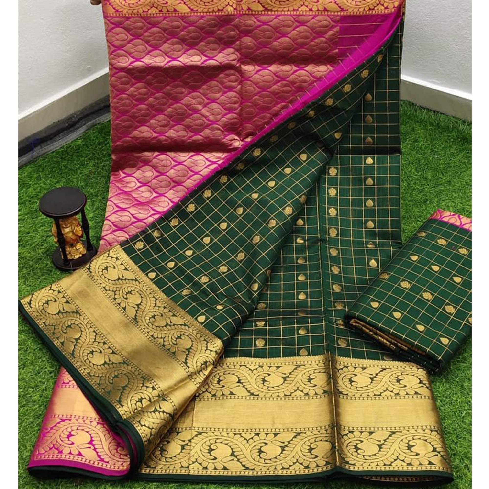 Green Woven Chanderi Saree - Peachmode