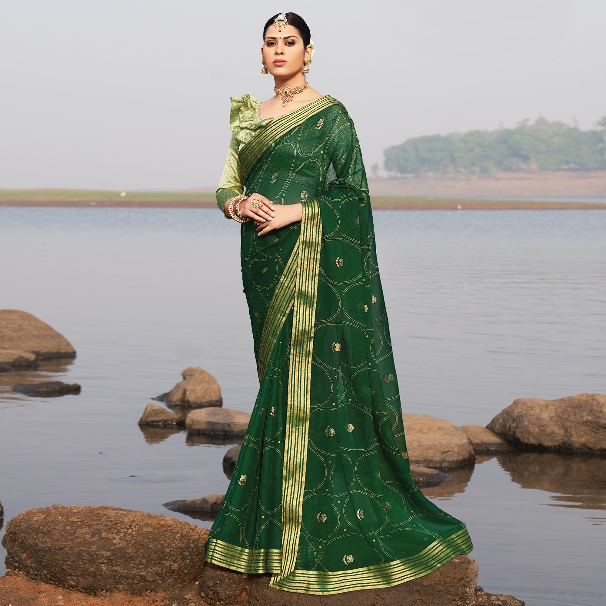 Green Woven Chiffon Saree - Peachmode