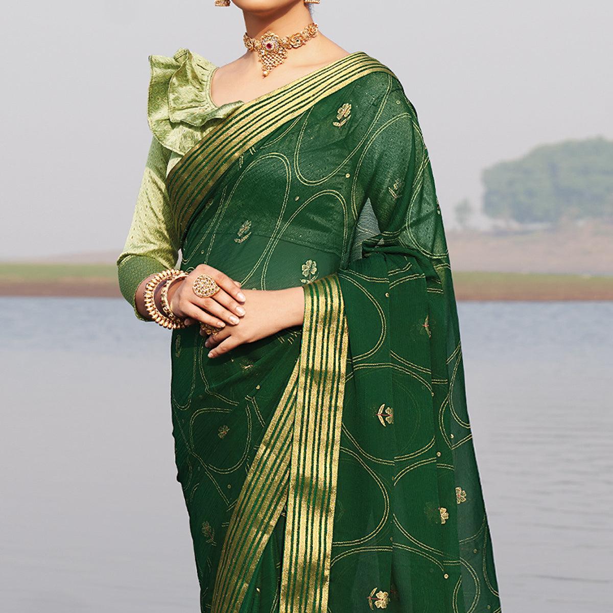 Green Woven Chiffon Saree - Peachmode