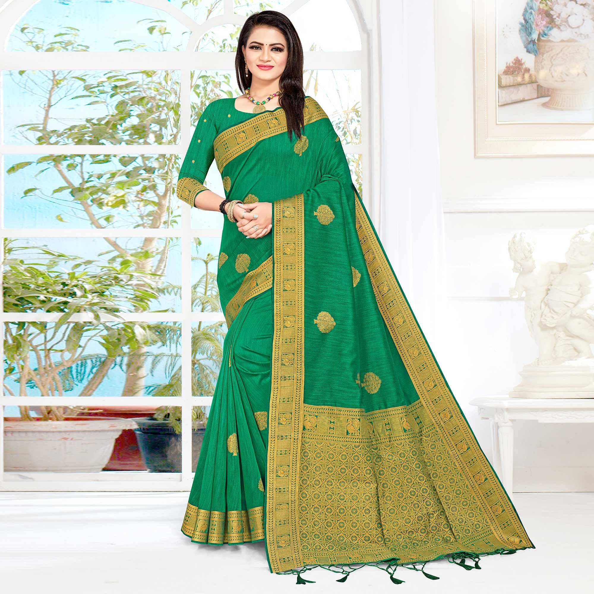 Green Woven Cotton Silk Saree - Peachmode