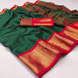 Green Woven Cotton Silk Saree - Peachmode