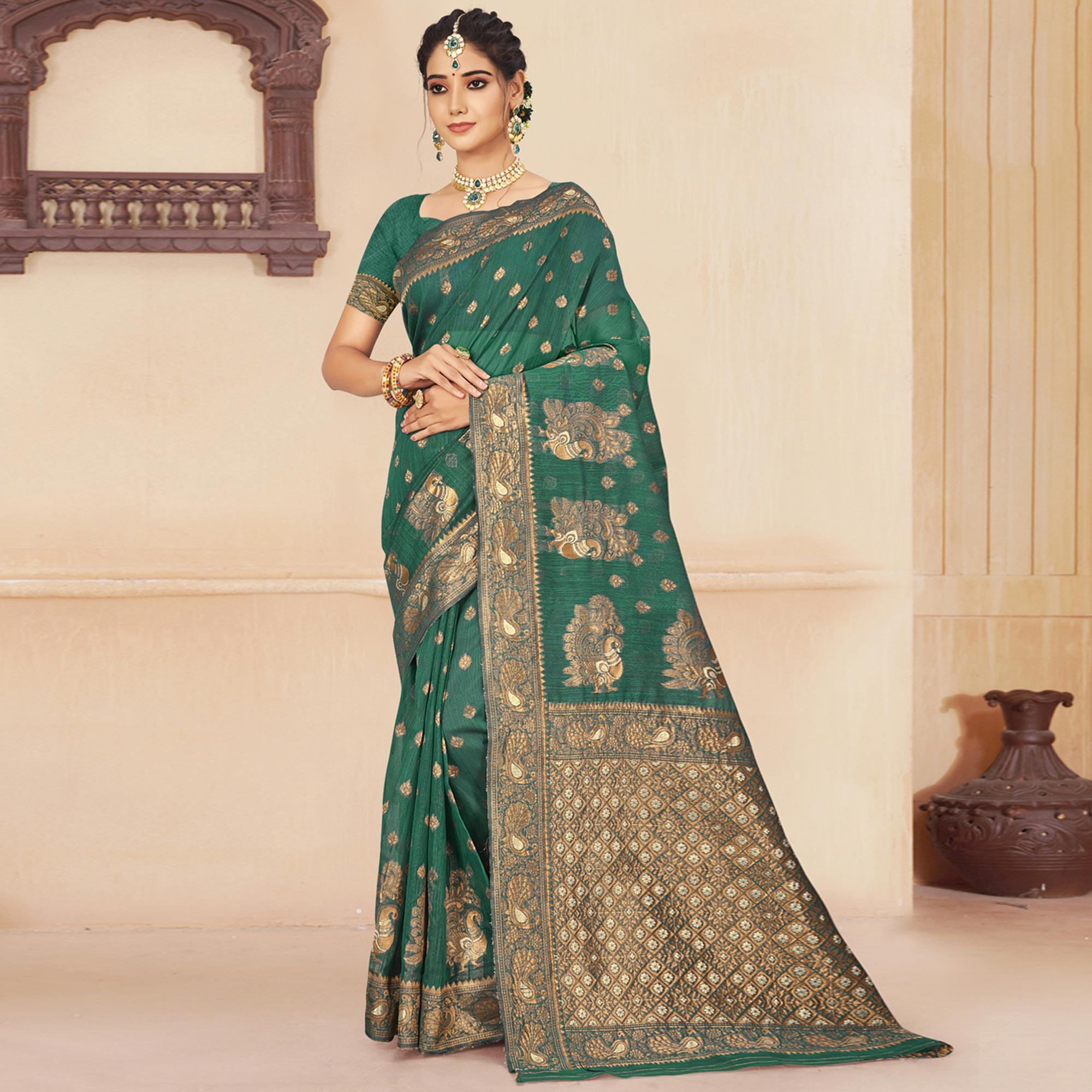 Green Woven Cotton Silk Saree - Peachmode