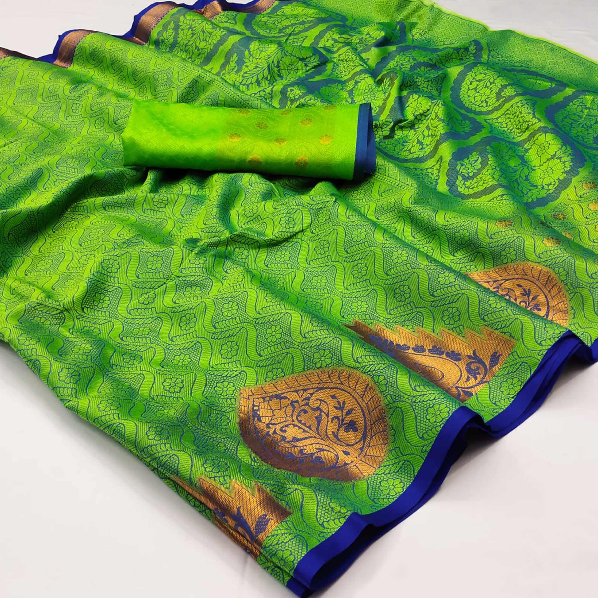Green Woven Cotton Silk Saree - Peachmode