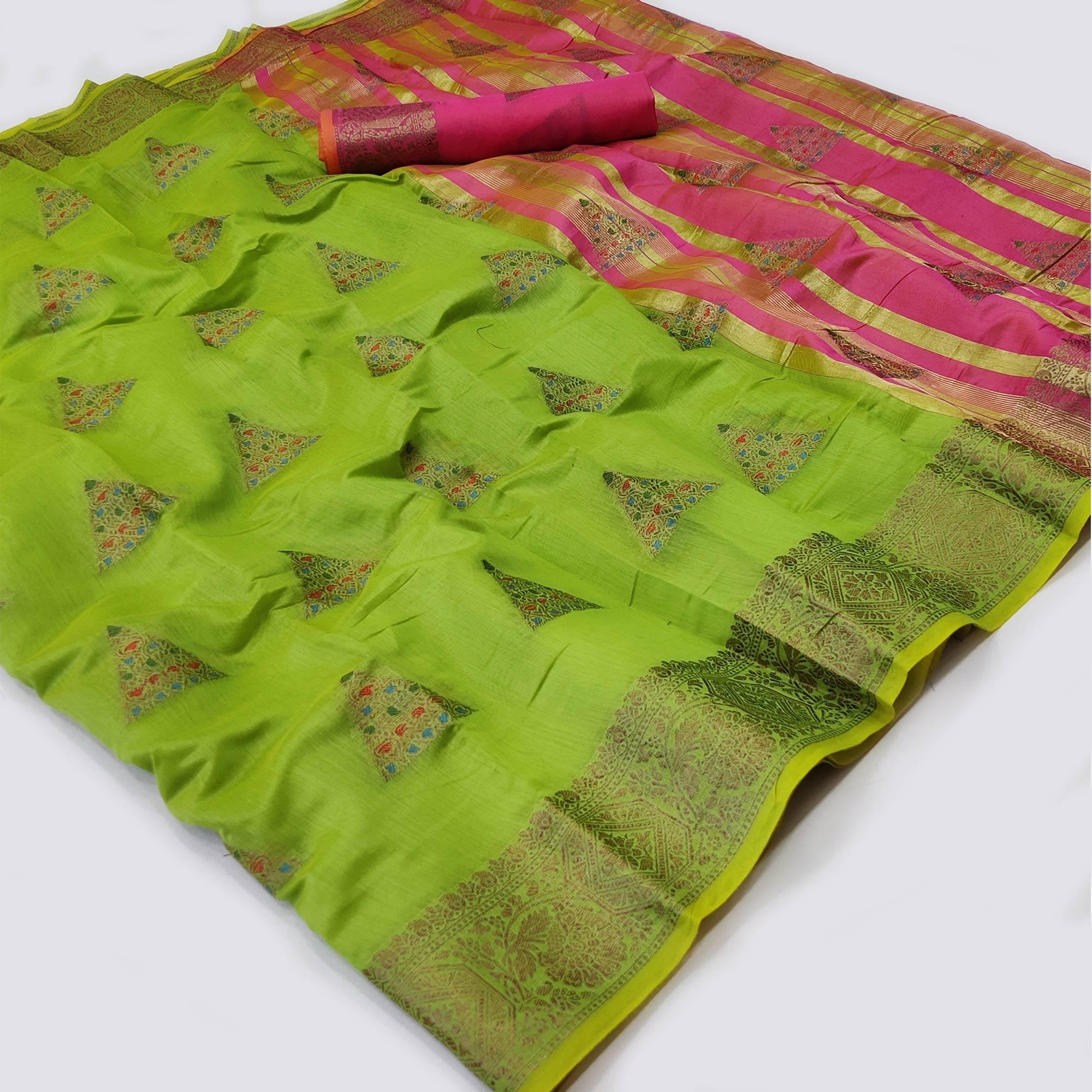 Green Woven Cotton Silk Saree - Peachmode