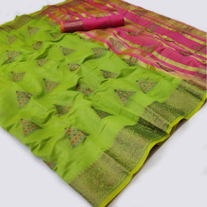 Green Woven Cotton Silk Saree - Peachmode