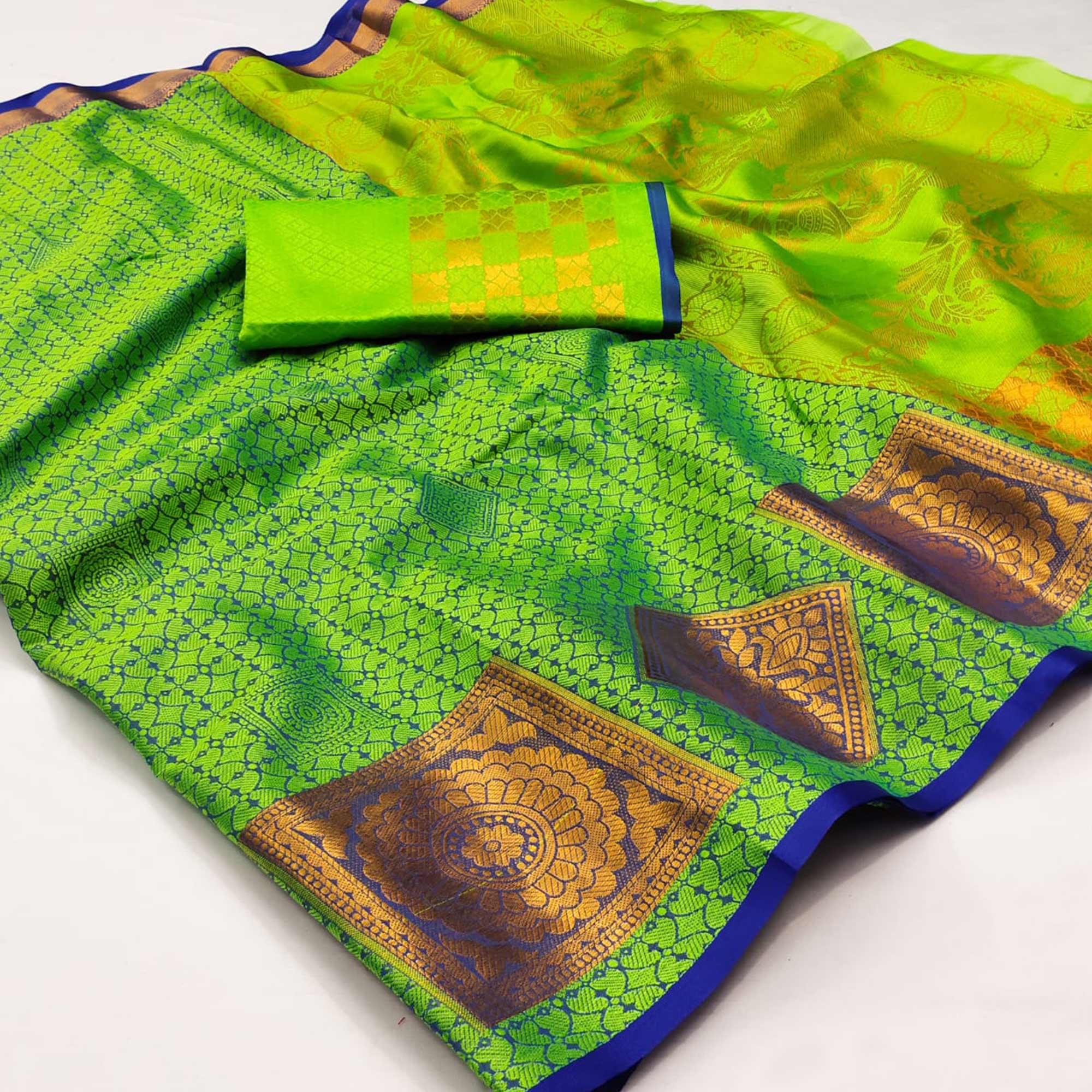 Green Woven Cotton Silk Saree - Peachmode