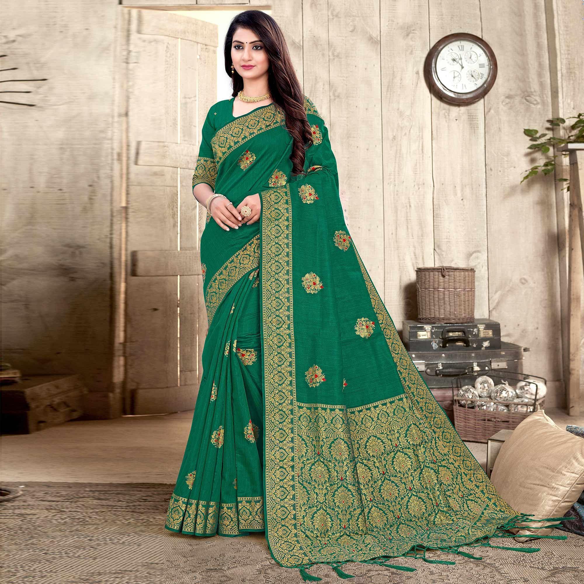 Green Woven Cotton Silk Saree - Peachmode