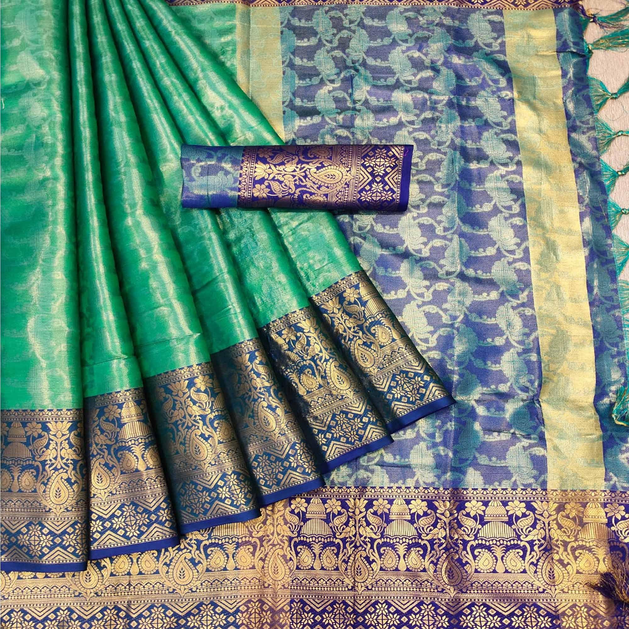 Green Woven Cotton Silk Saree - Peachmode