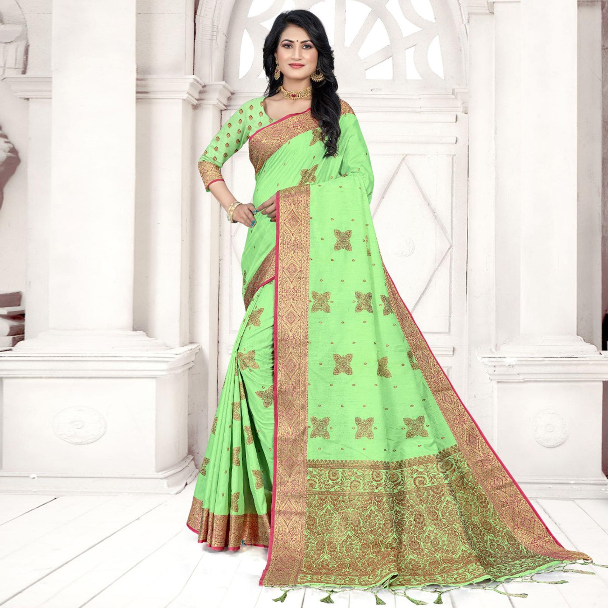 Green Woven Cotton Silk Saree - Peachmode
