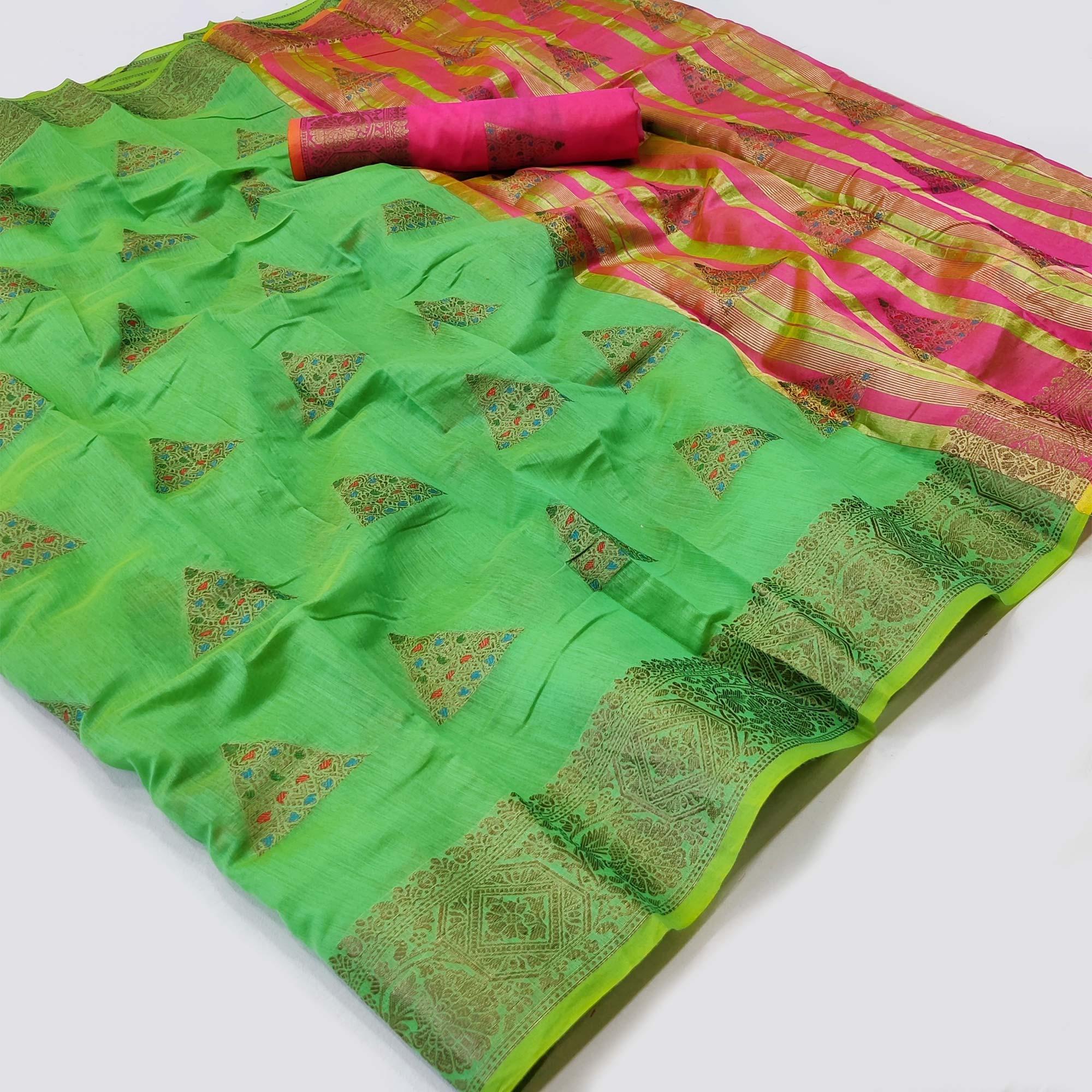 Green Woven Cotton Silk Saree - Peachmode