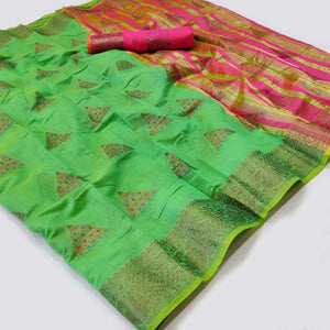 Green Woven Cotton Silk Saree - Peachmode