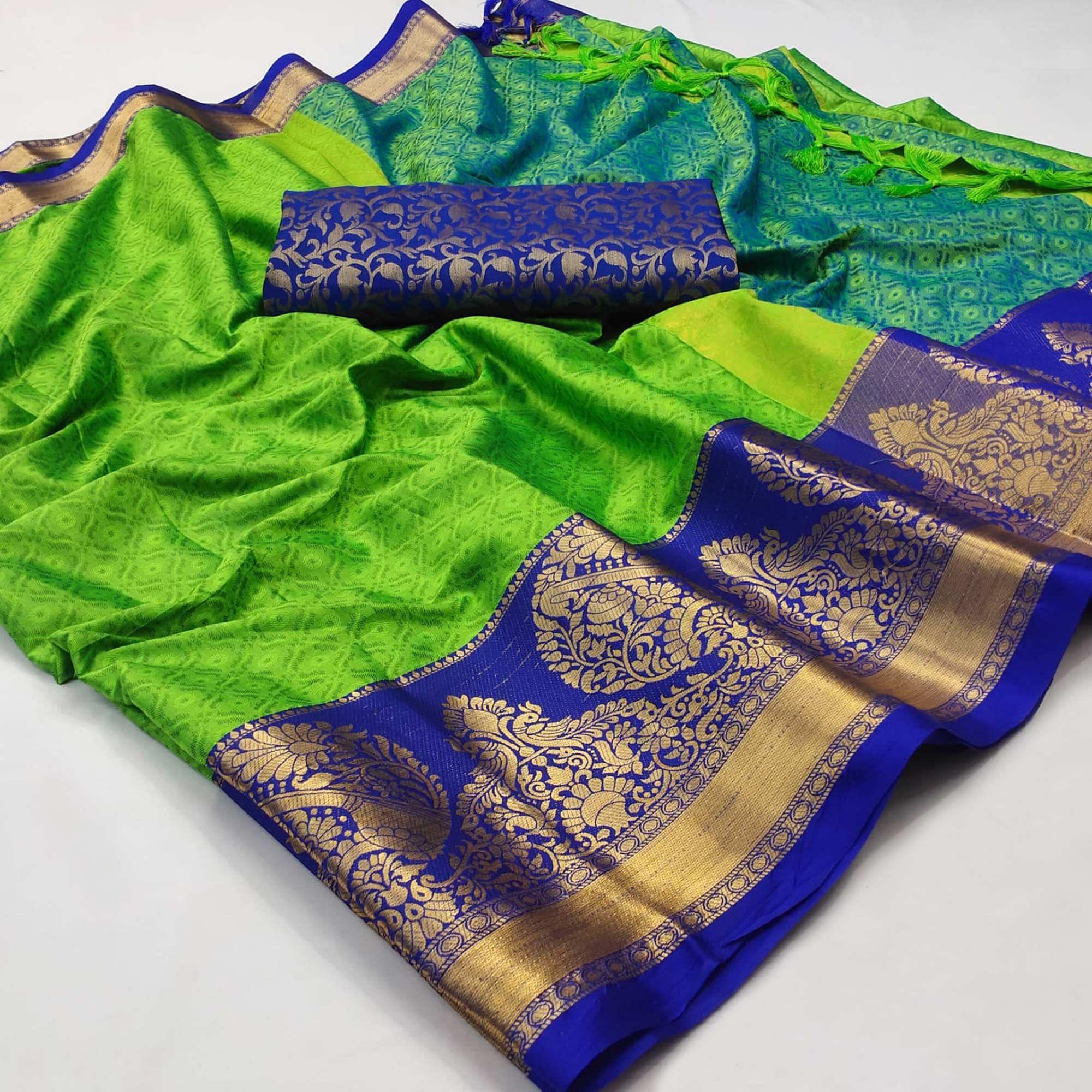 Green Woven Cotton Silk Saree - Peachmode