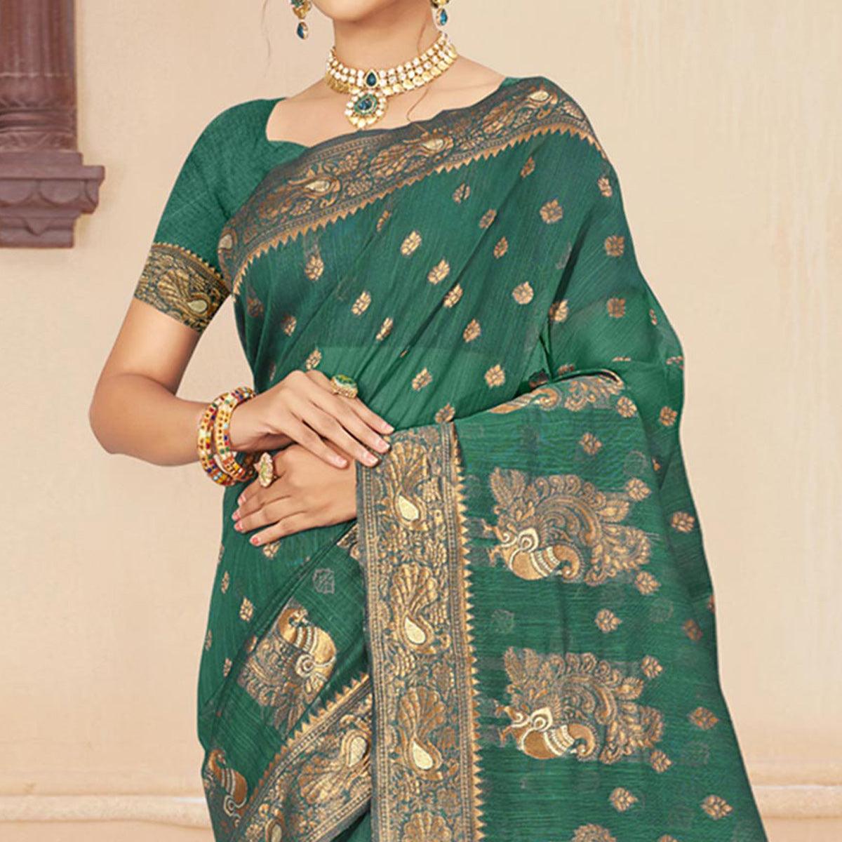 Green Woven Cotton Silk Saree - Peachmode