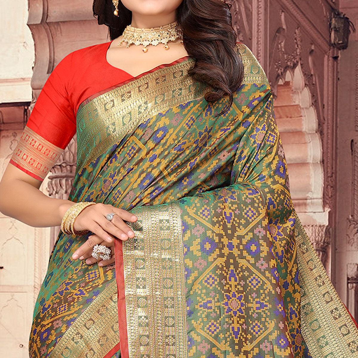 Green Woven Cotton Silk Saree - Peachmode