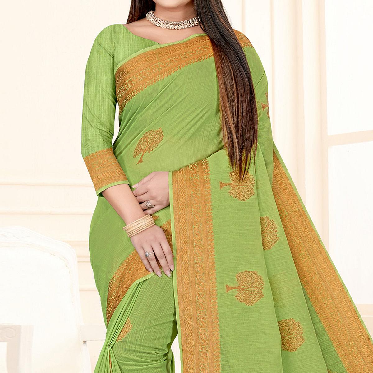 Green Woven Cotton Silk Saree - Peachmode