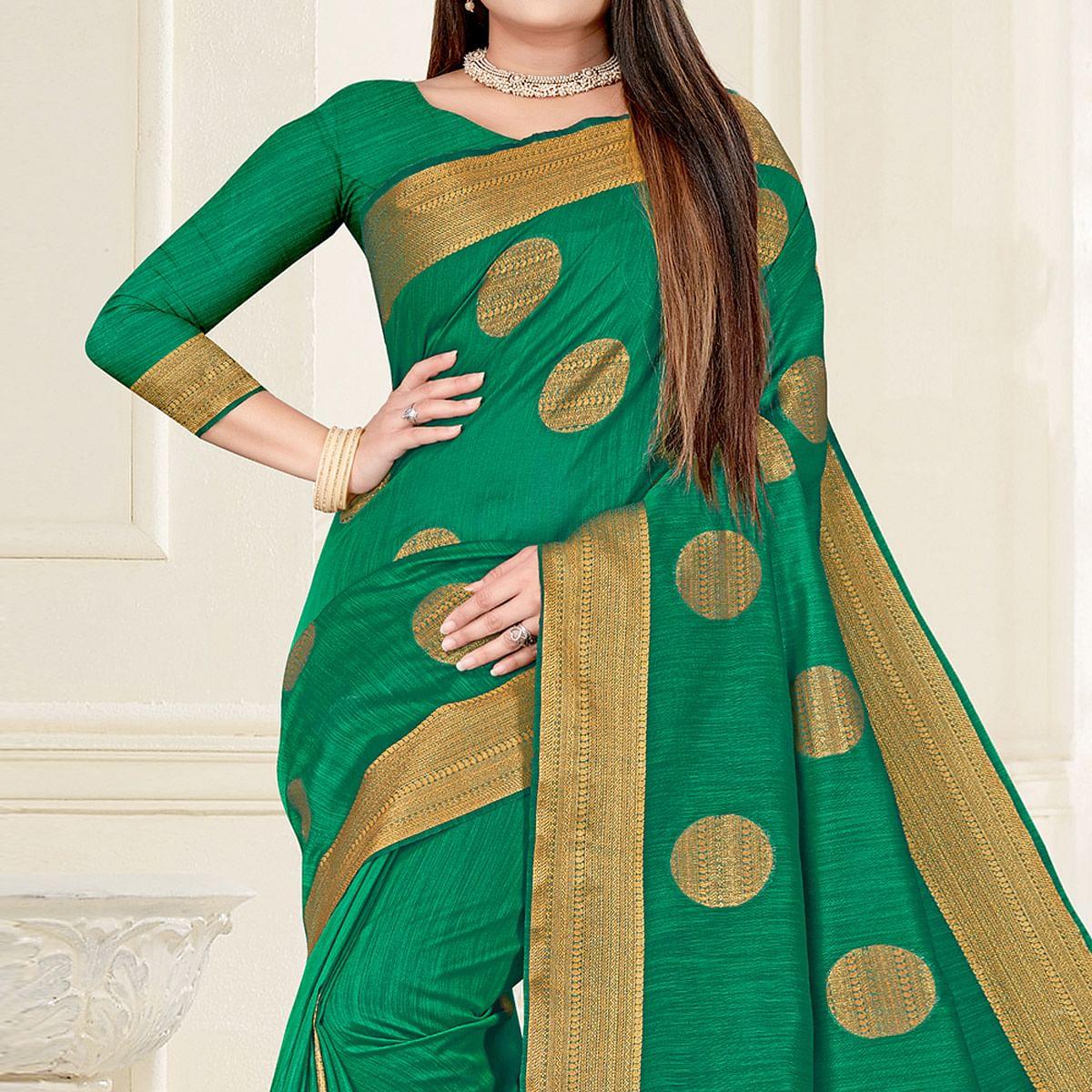 Green Woven Cotton Silk Saree - Peachmode