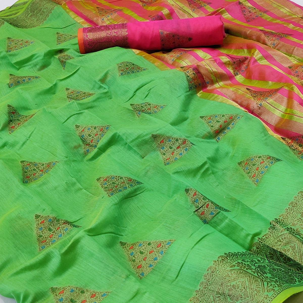 Green Woven Cotton Silk Saree - Peachmode