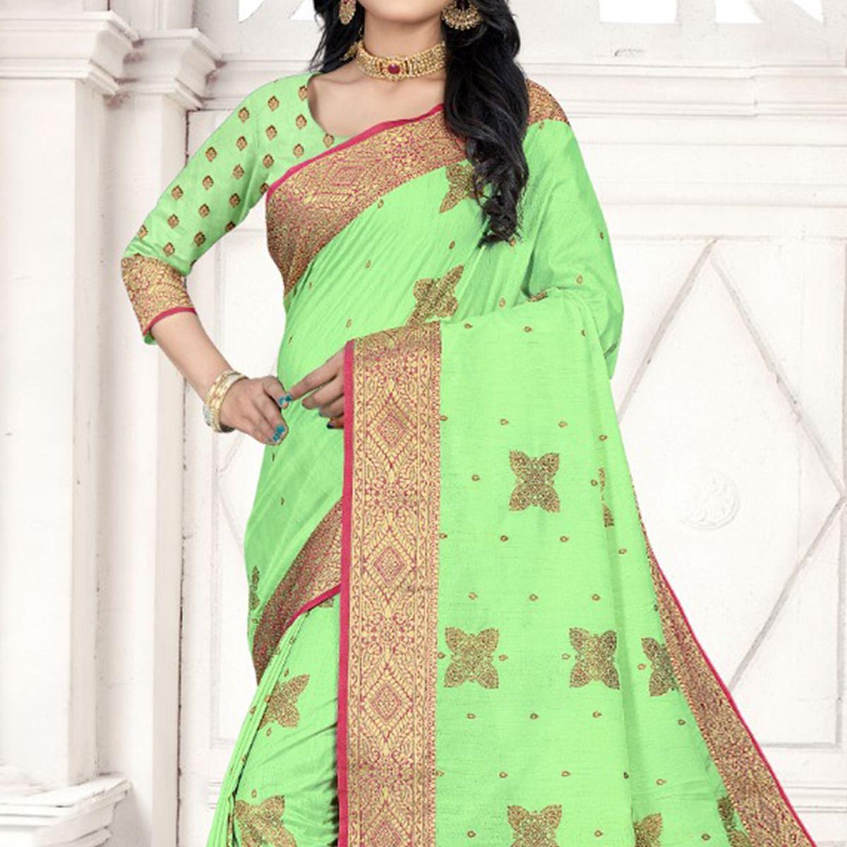 Green Woven Cotton Silk Saree - Peachmode