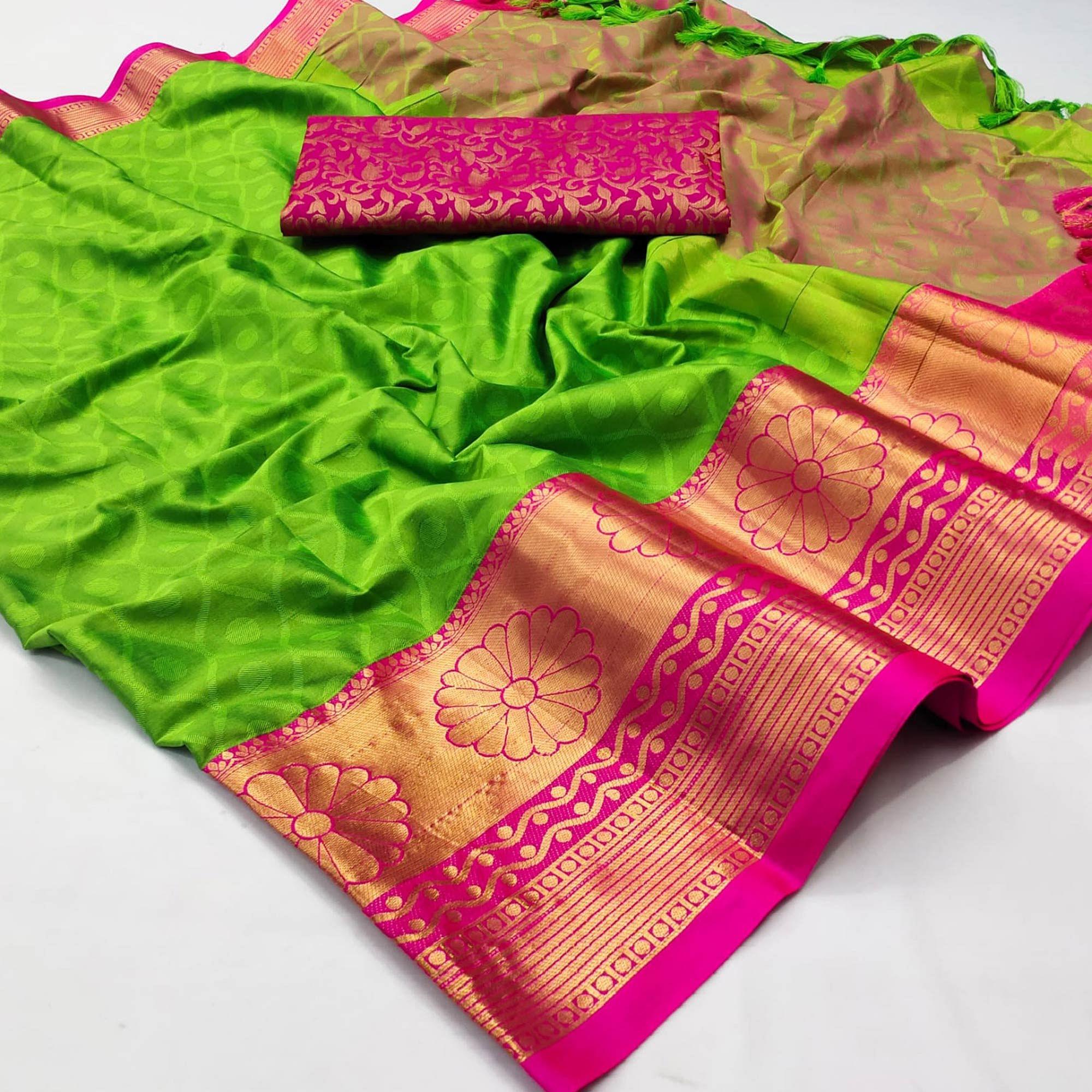 Green Woven Cotton Silk Saree - Peachmode