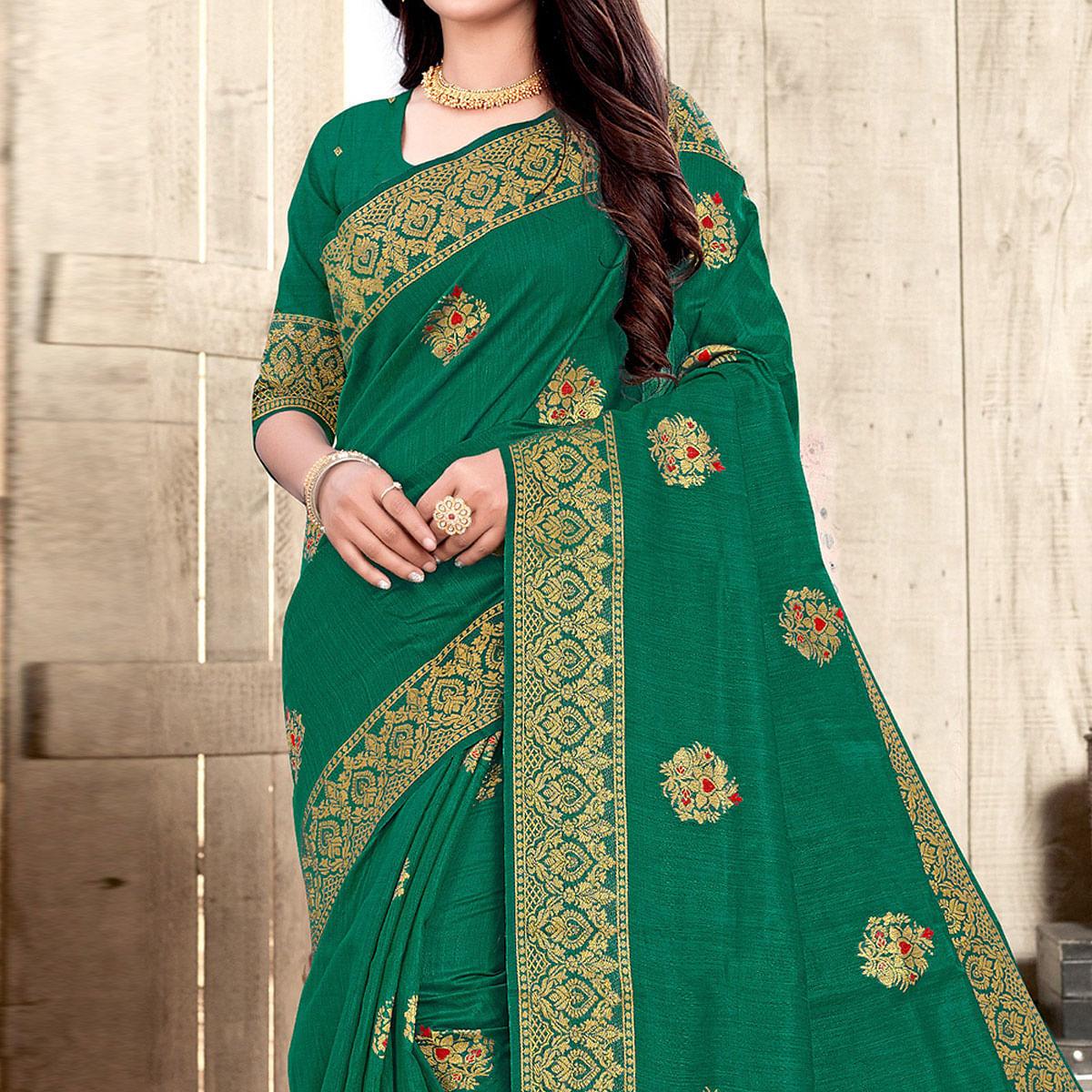 Green Woven Cotton Silk Saree - Peachmode