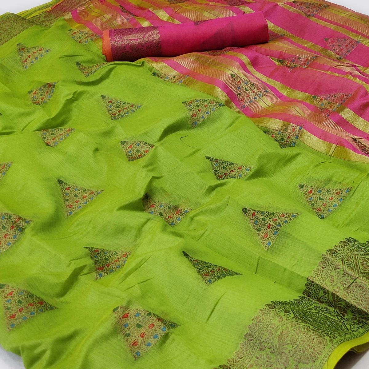 Green Woven Cotton Silk Saree - Peachmode