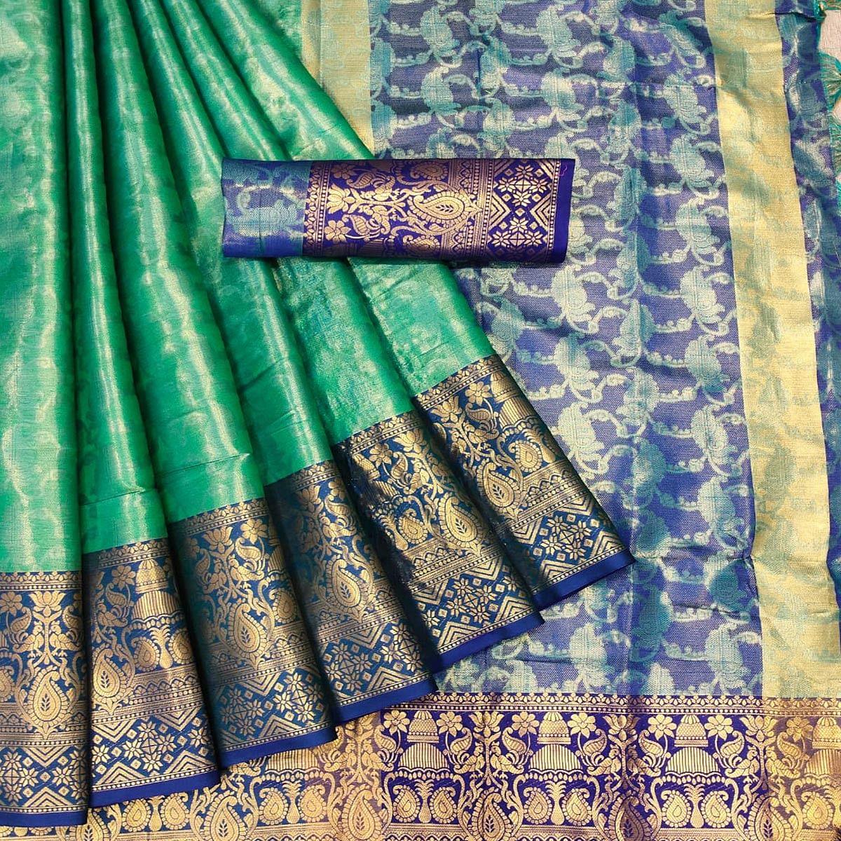 Green Woven Cotton Silk Saree - Peachmode