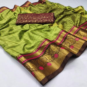 Green Woven Cotton Silk Saree With Tassels - Peachmode